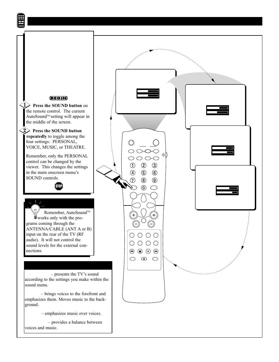 Emote, Ontrol, Sing | Ound, Autosound™ options | Philips 27i RealFlat CTV w-PIP-DBX stereo-Remote User Manual | Page 40 / 52