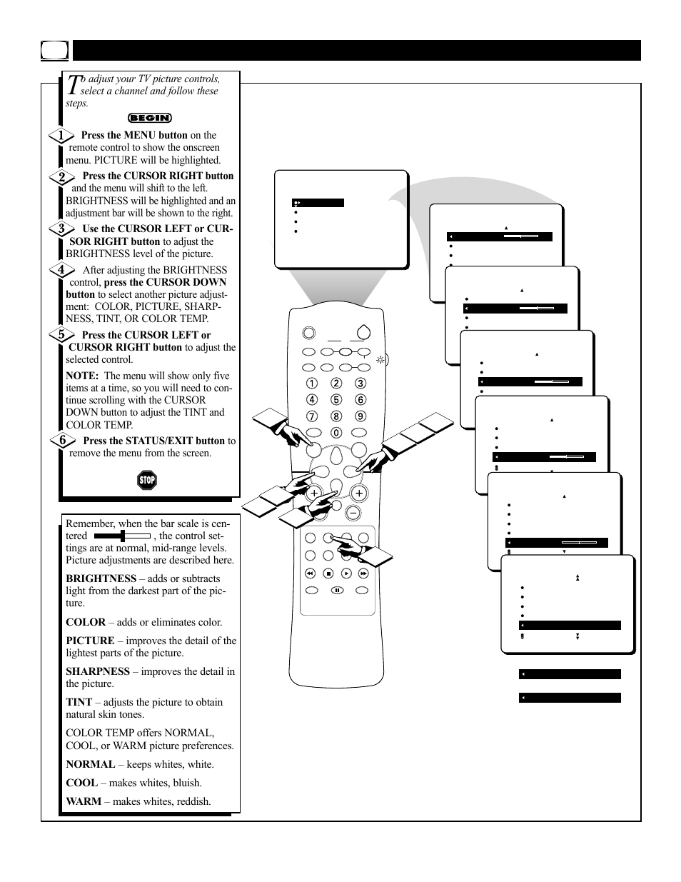 Djusting the, Icture | Philips 27i RealFlat CTV w-PIP-DBX stereo-Remote User Manual | Page 6 / 52