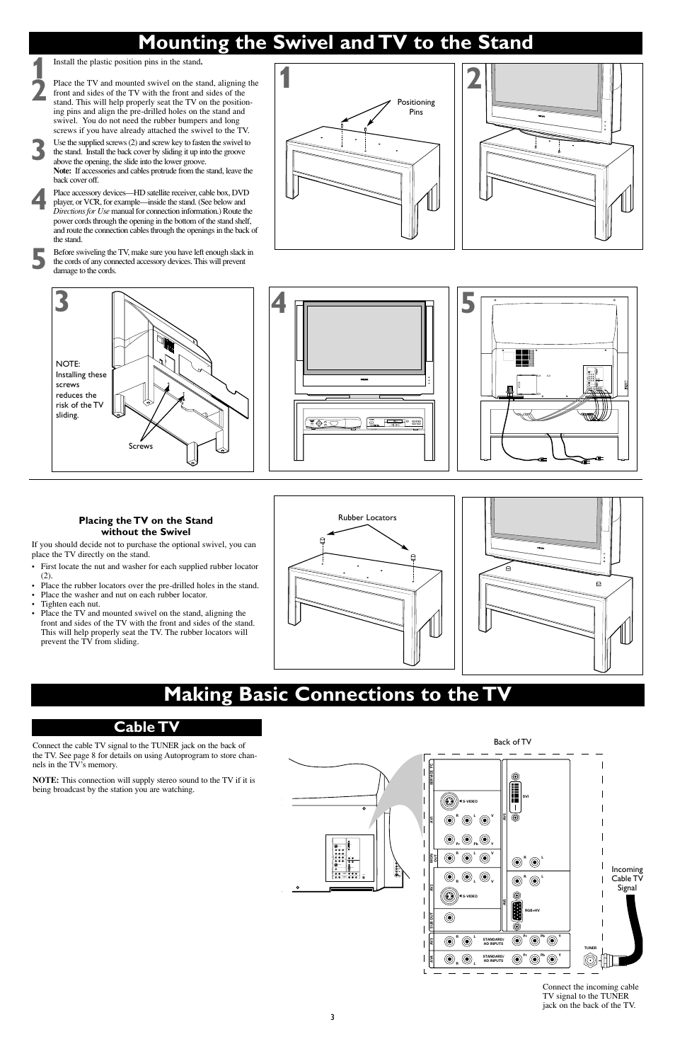 Making basic connections to the tv, Mounting the swivel and tv to the stand, Cable tv | Philips 62PL9774-37B User Manual | Page 3 / 8