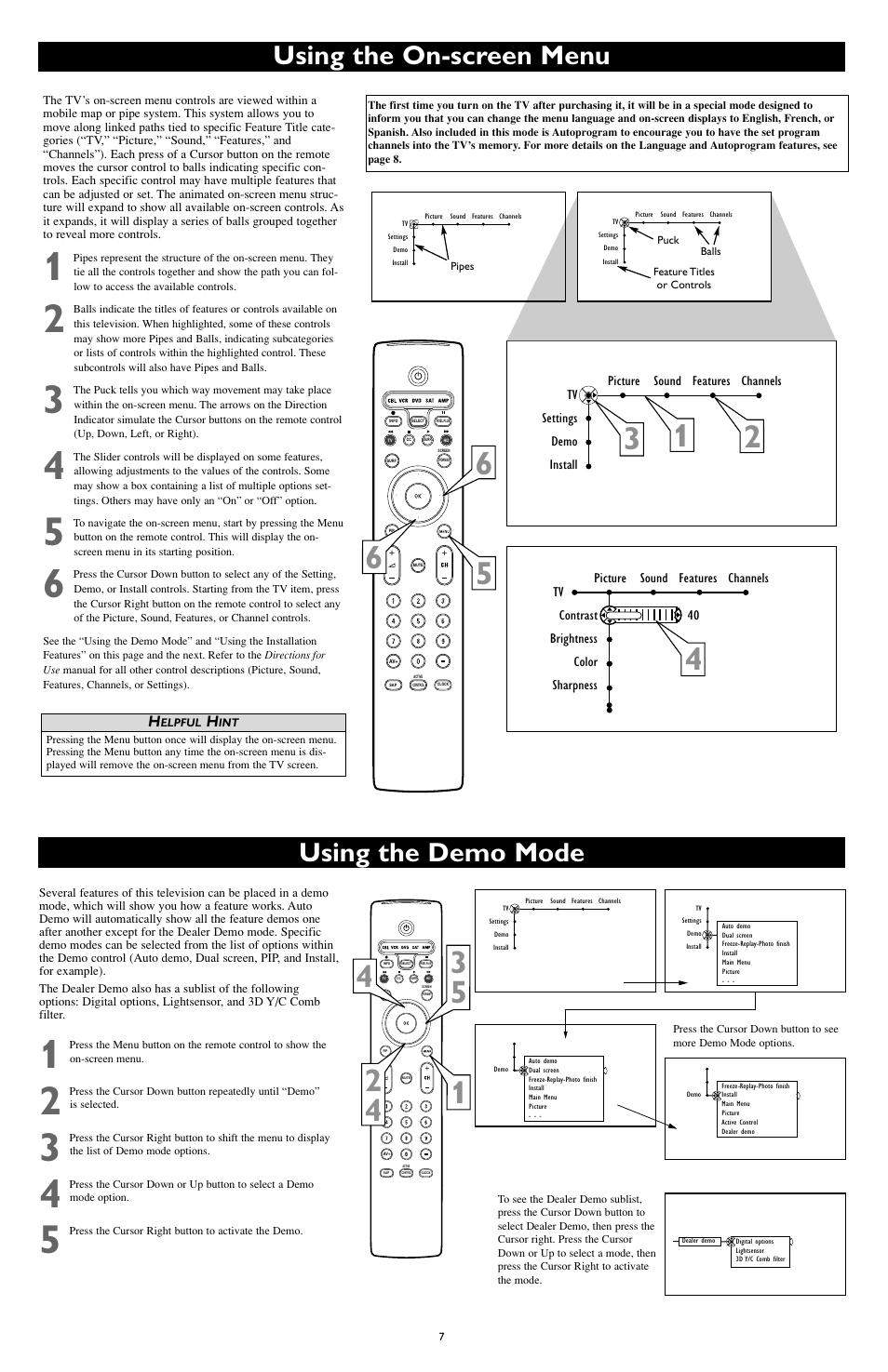 Using the on-screen menu, Using the demo mode | Philips 62PL9774-37B User Manual | Page 7 / 8