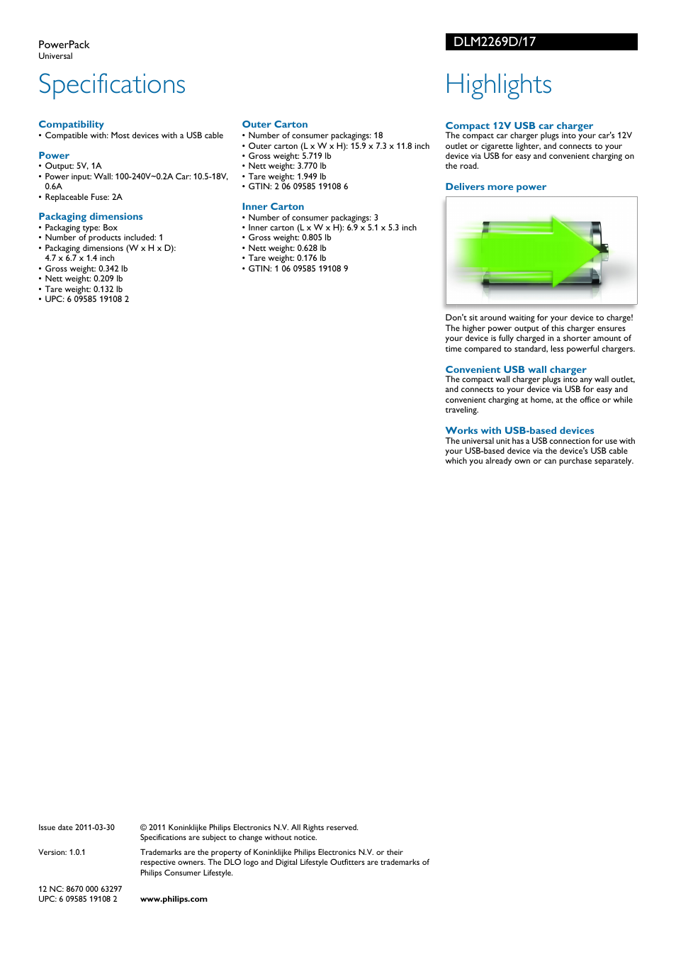 Specifications, Highlights | Philips DLM2269D-17 User Manual | Page 2 / 2