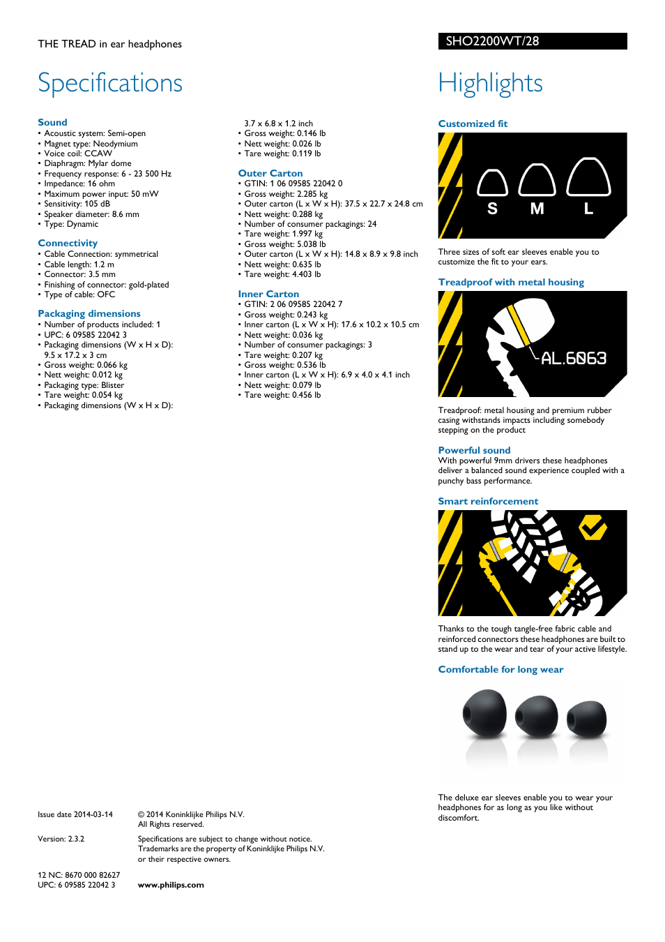 Specifications, Highlights | Philips SHO2200WT-28 User Manual | Page 2 / 2