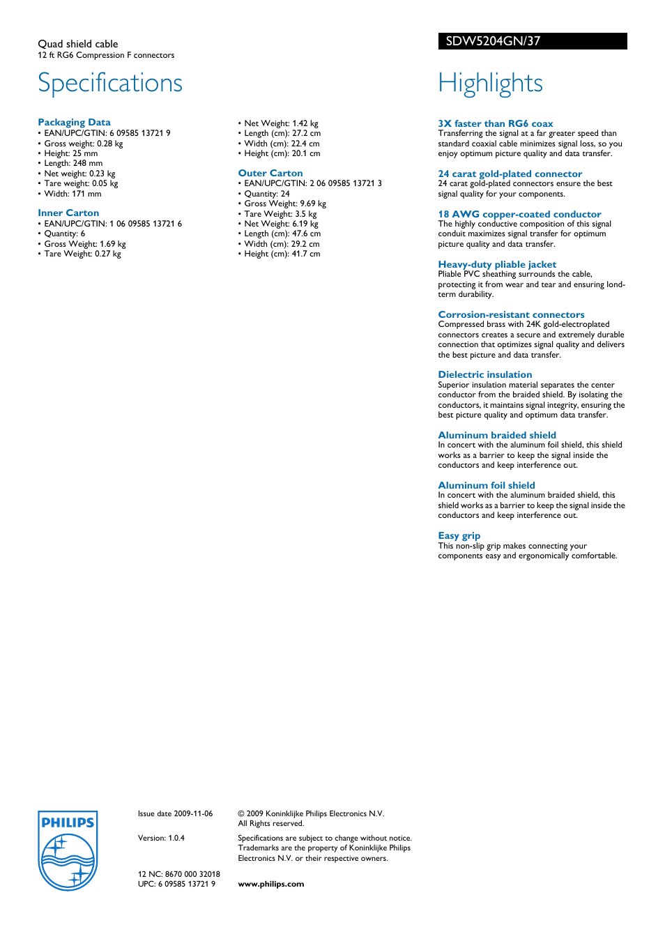 Specifications, Highlights | Philips SDW5204GN-37 User Manual | Page 2 / 2