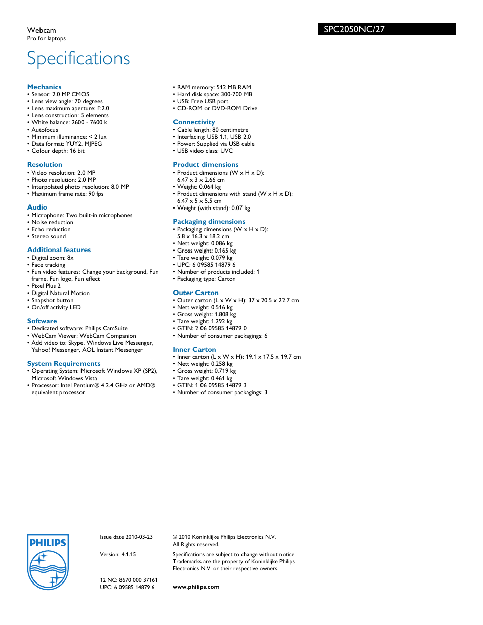 Specifications | Philips SPC2050NC-27 User Manual | Page 3 / 3