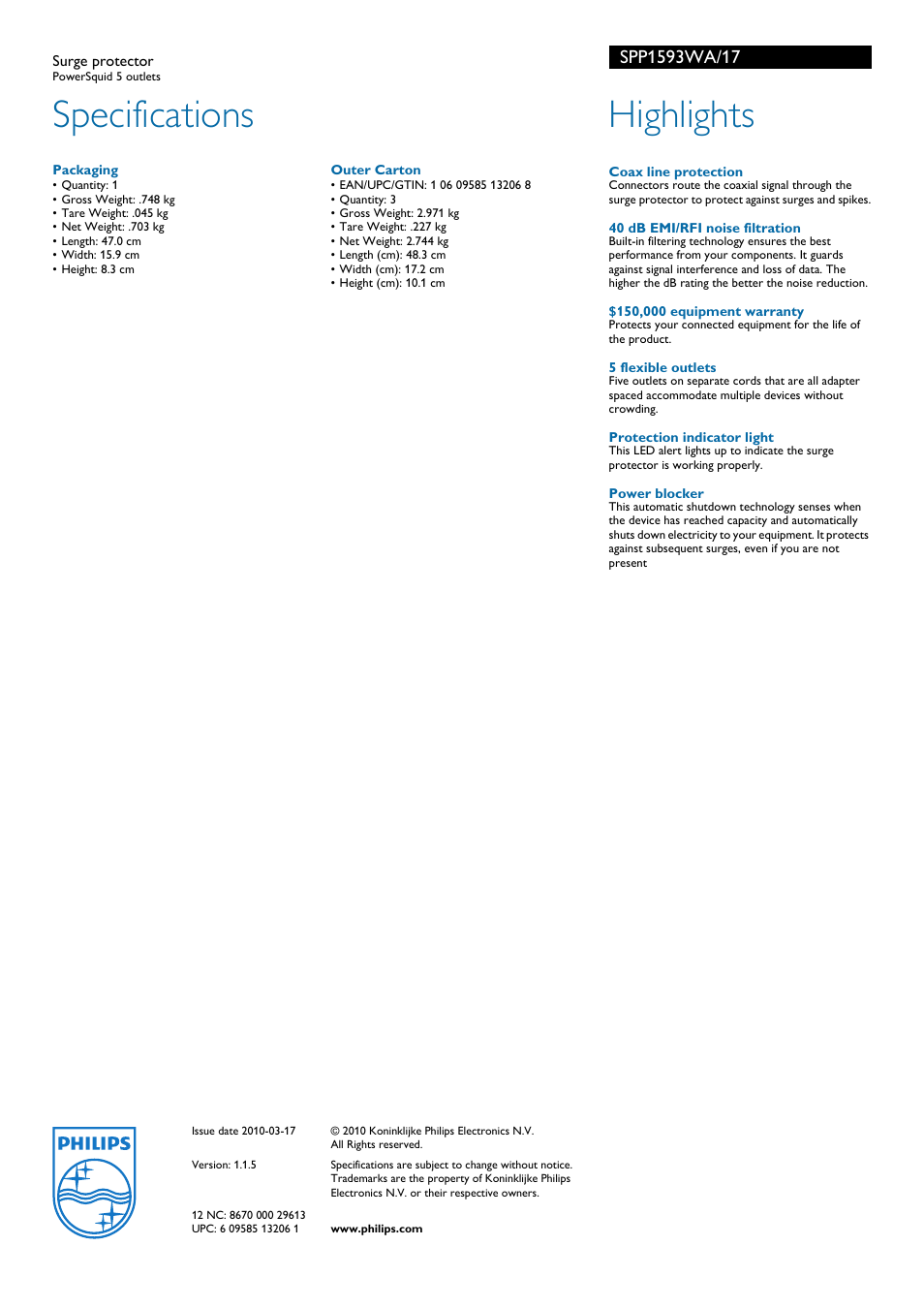 Specifications, Highlights | Philips SPP1593WA-17 User Manual | Page 2 / 2