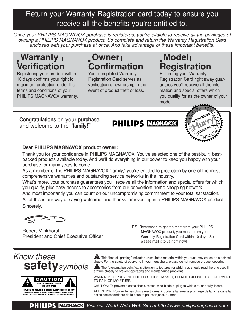 Safety, Warranty verification, Owner confirmation | Model registration, Hurry, Know these, Symbols | Philips TS3259C User Manual | Page 2 / 48