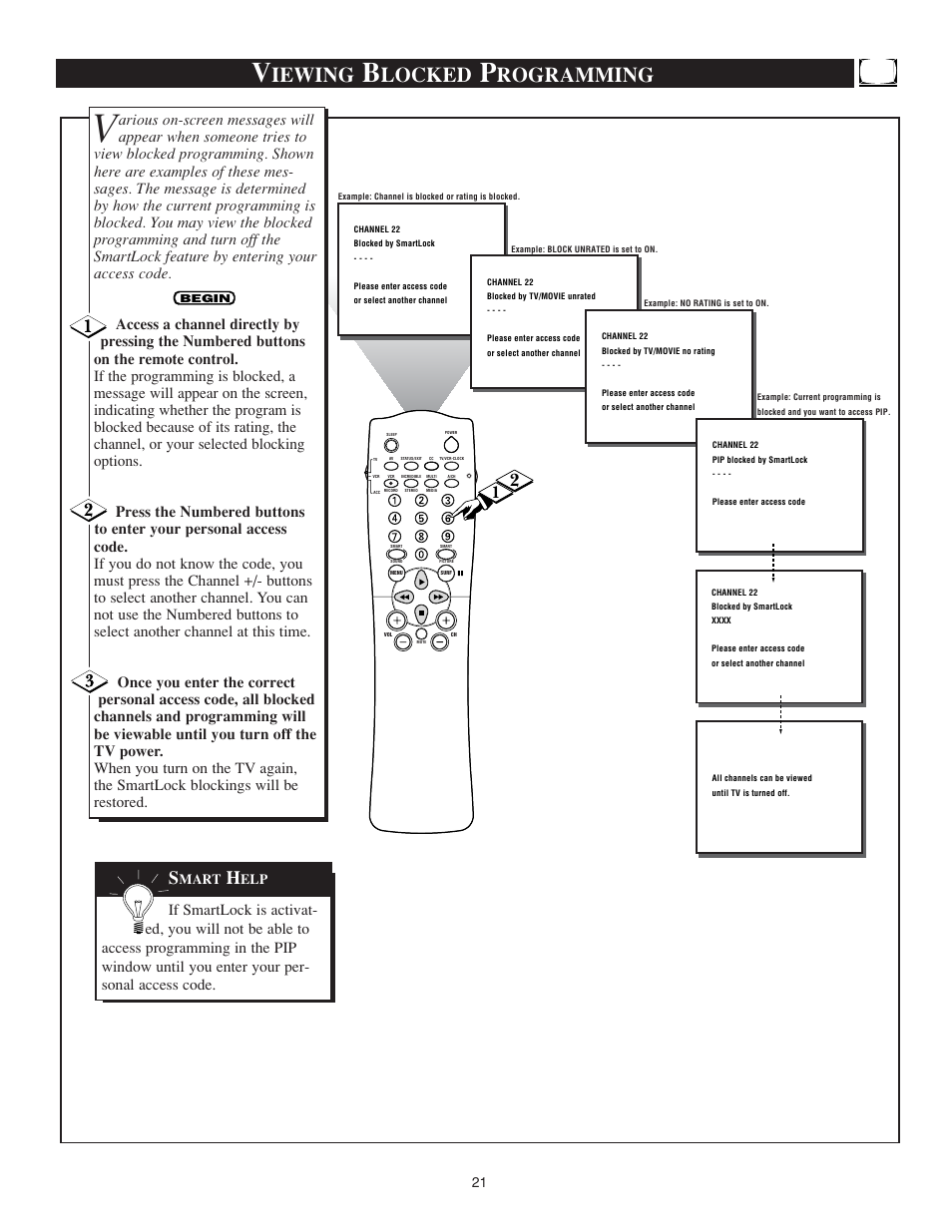 Iewing, Locked, Rogramming | Mart | Philips TS3259C User Manual | Page 21 / 48
