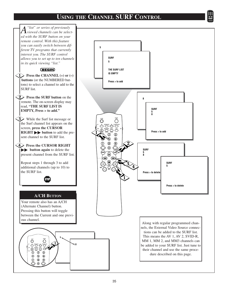 Surf c, Sing the, Hannel | Ontrol, A/ch b, Utton | Philips TS3259C User Manual | Page 35 / 48