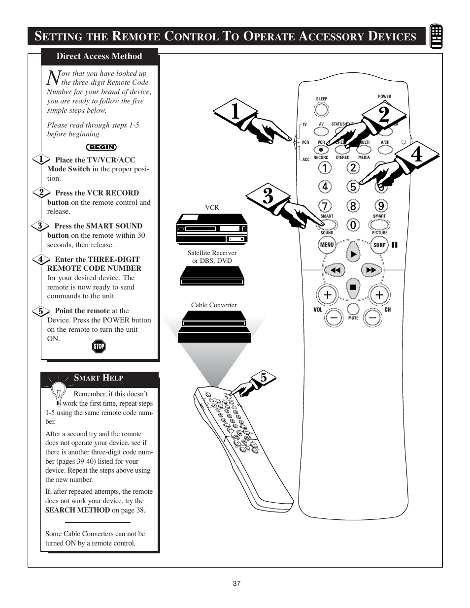 Etting the, Emote, Ontrol | Perate, Ccessory, Evices, Direct access method | Philips TS3259C User Manual | Page 37 / 48