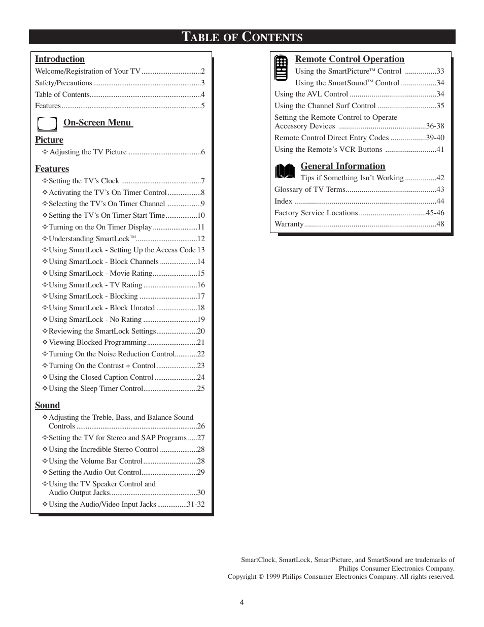 Able of, Ontents | Philips TS3259C User Manual | Page 4 / 48