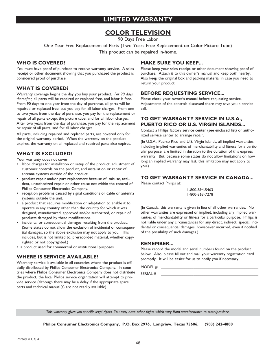 Color television, Limited warranty | Philips TS3259C User Manual | Page 48 / 48