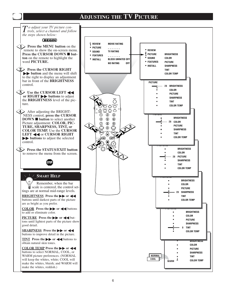 Tv p, Djusting the, Icture | Philips TS3259C User Manual | Page 6 / 48