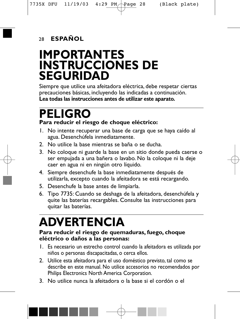 Importantes instrucciones de seguridad, Peligro, Advertencia | Philips 7735X-43 User Manual | Page 27 / 51