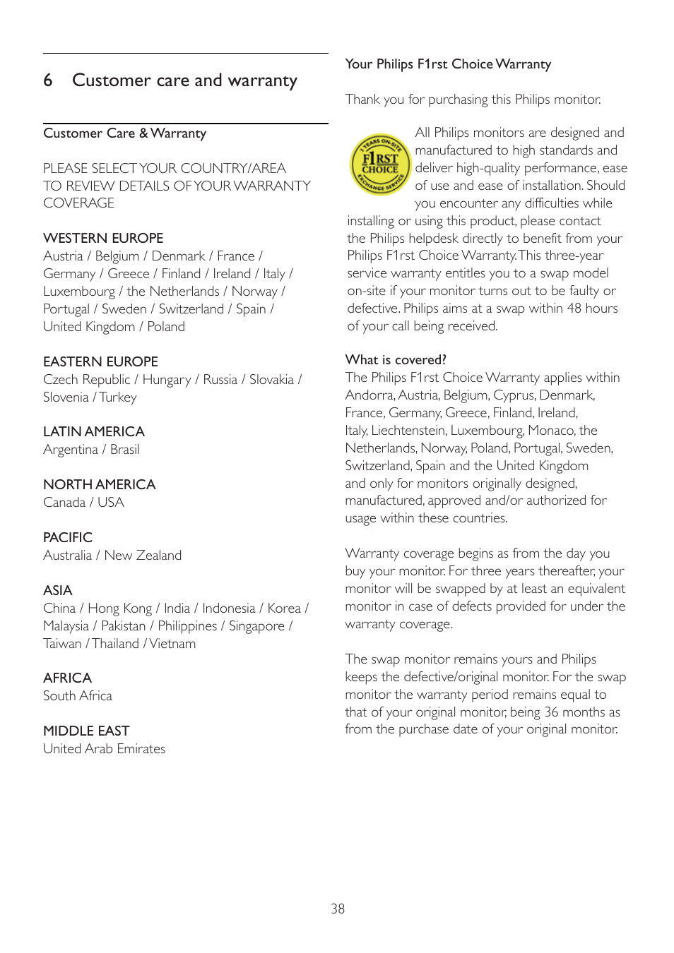 6 customer care and warranty | Philips 231S2CB-27 User Manual | Page 40 / 59
