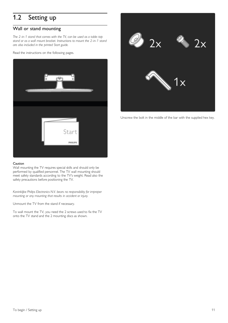 Setting up, 2 setting up, Wall or stand mounting | Philips 40PFL8605H-12 User Manual | Page 11 / 91