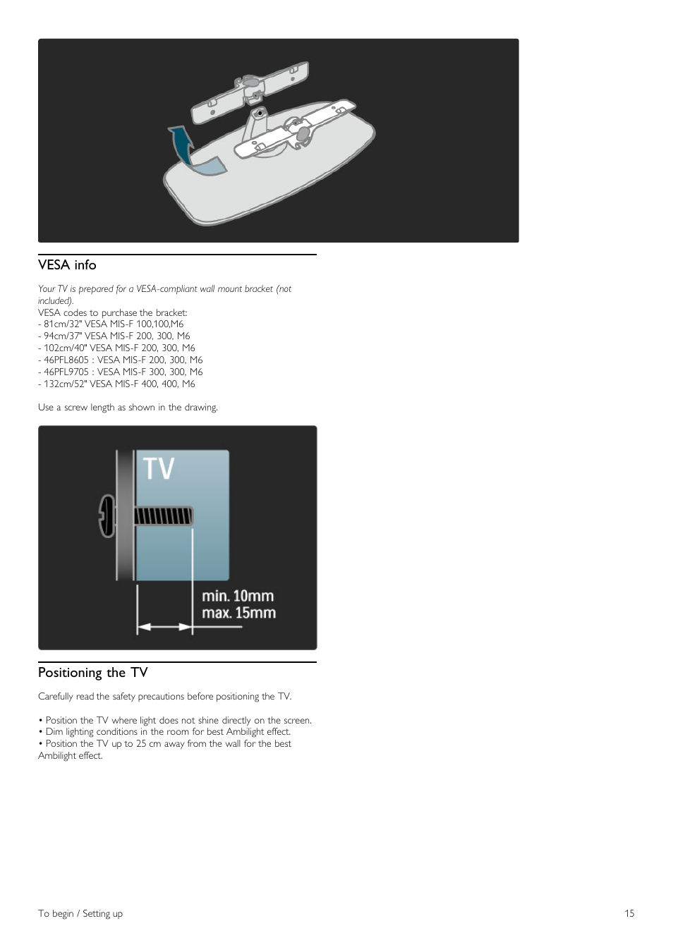 Vesa info, Positioning the tv | Philips 40PFL8605H-12 User Manual | Page 15 / 91