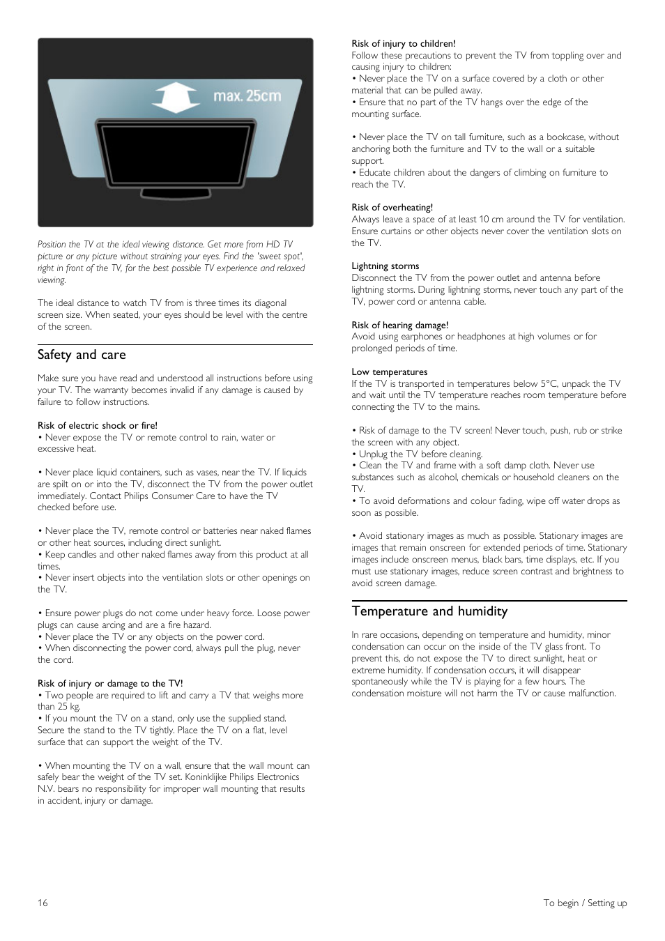 Safety and care, Temperature and humidity | Philips 40PFL8605H-12 User Manual | Page 16 / 91