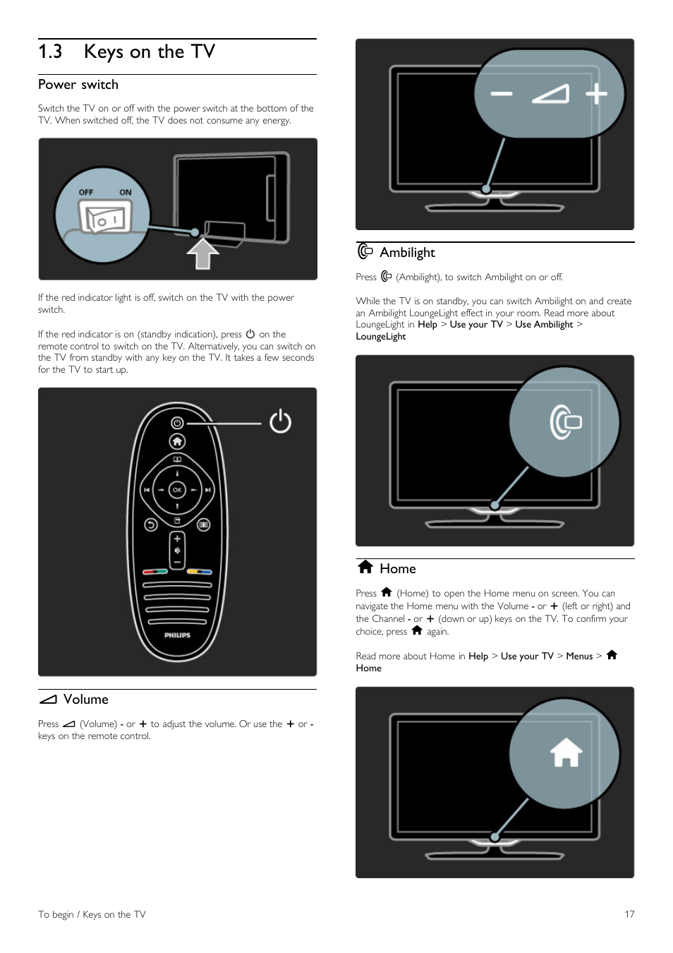 Keys on the tv, 3 keys on the tv, Power switch | V volume, J ambilight, H home | Philips 40PFL8605H-12 User Manual | Page 17 / 91