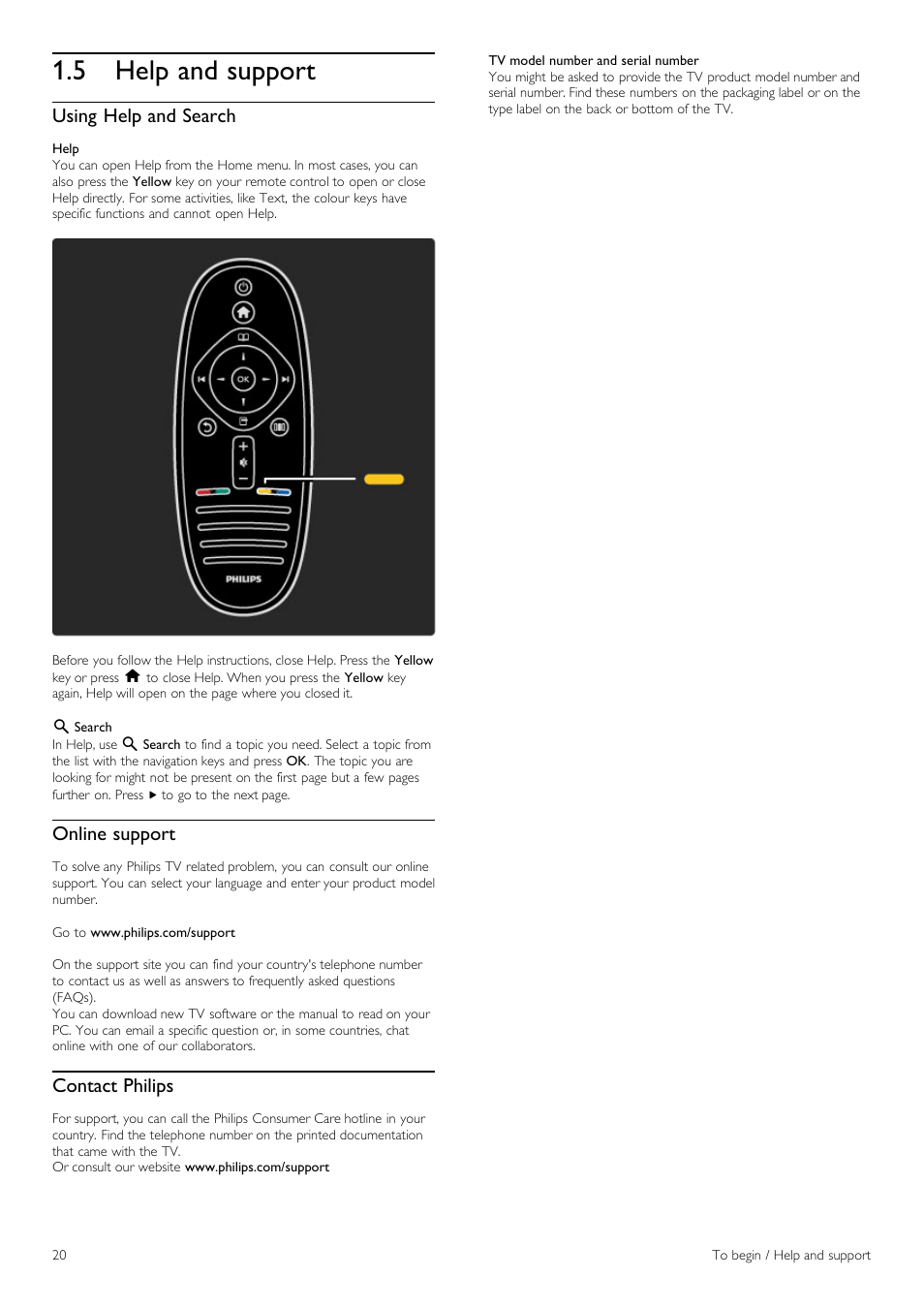 Help and support, 5 help and support, Using help and search | Online support, Contact philips | Philips 40PFL8605H-12 User Manual | Page 20 / 91