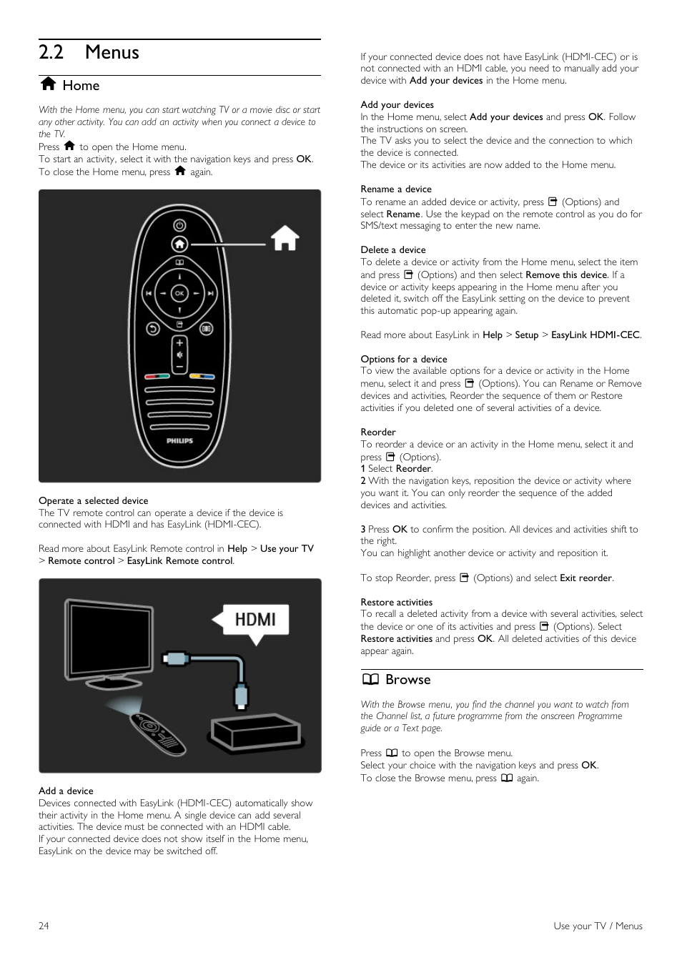 Menus, 2 menus, H home | E browse | Philips 40PFL8605H-12 User Manual | Page 24 / 91