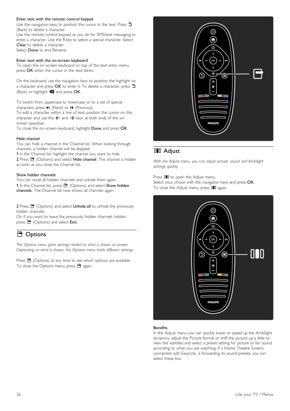 O options, S adjust | Philips 40PFL8605H-12 User Manual | Page 26 / 91