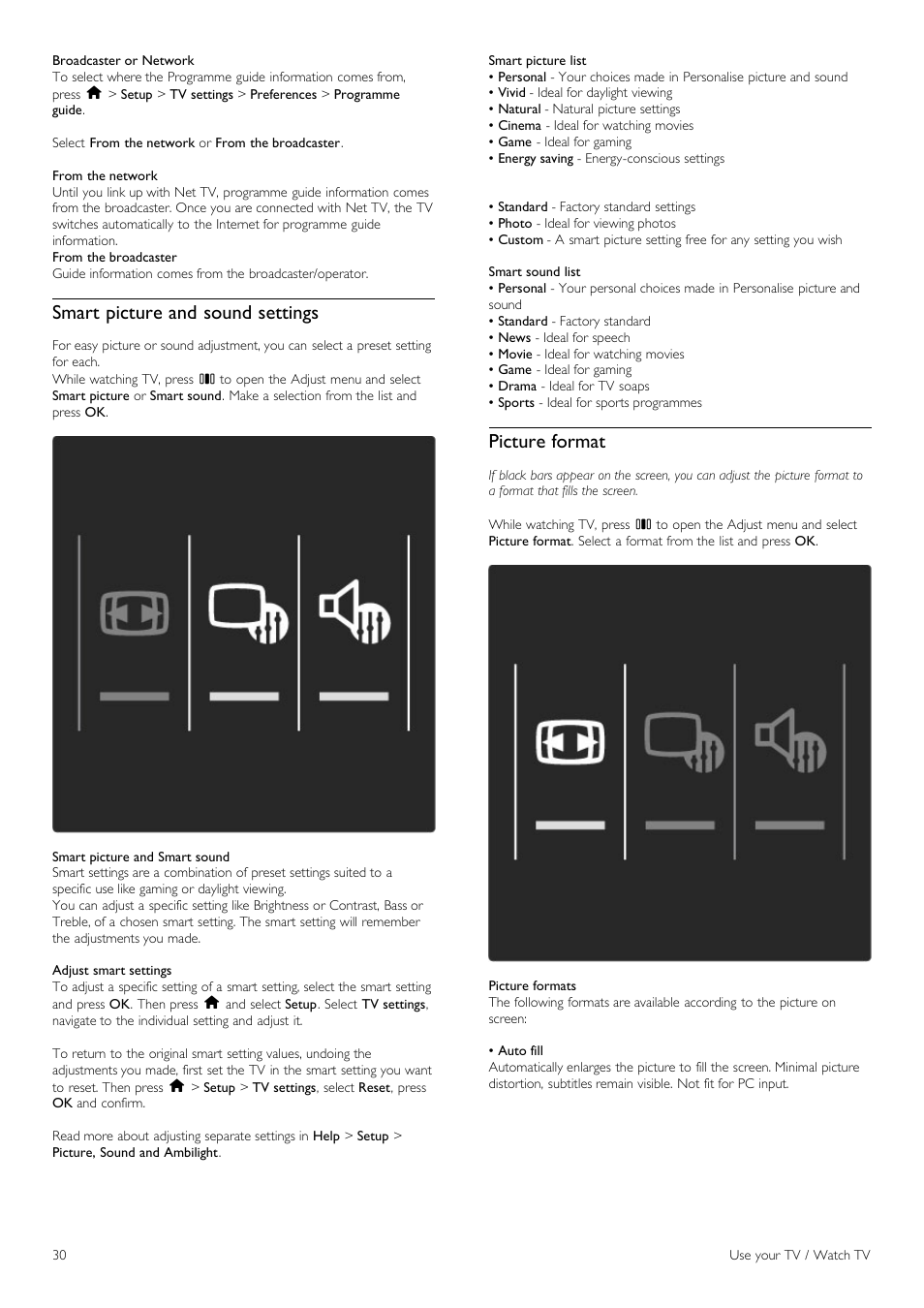 Smart picture and sound settings, Picture format | Philips 40PFL8605H-12 User Manual | Page 30 / 91