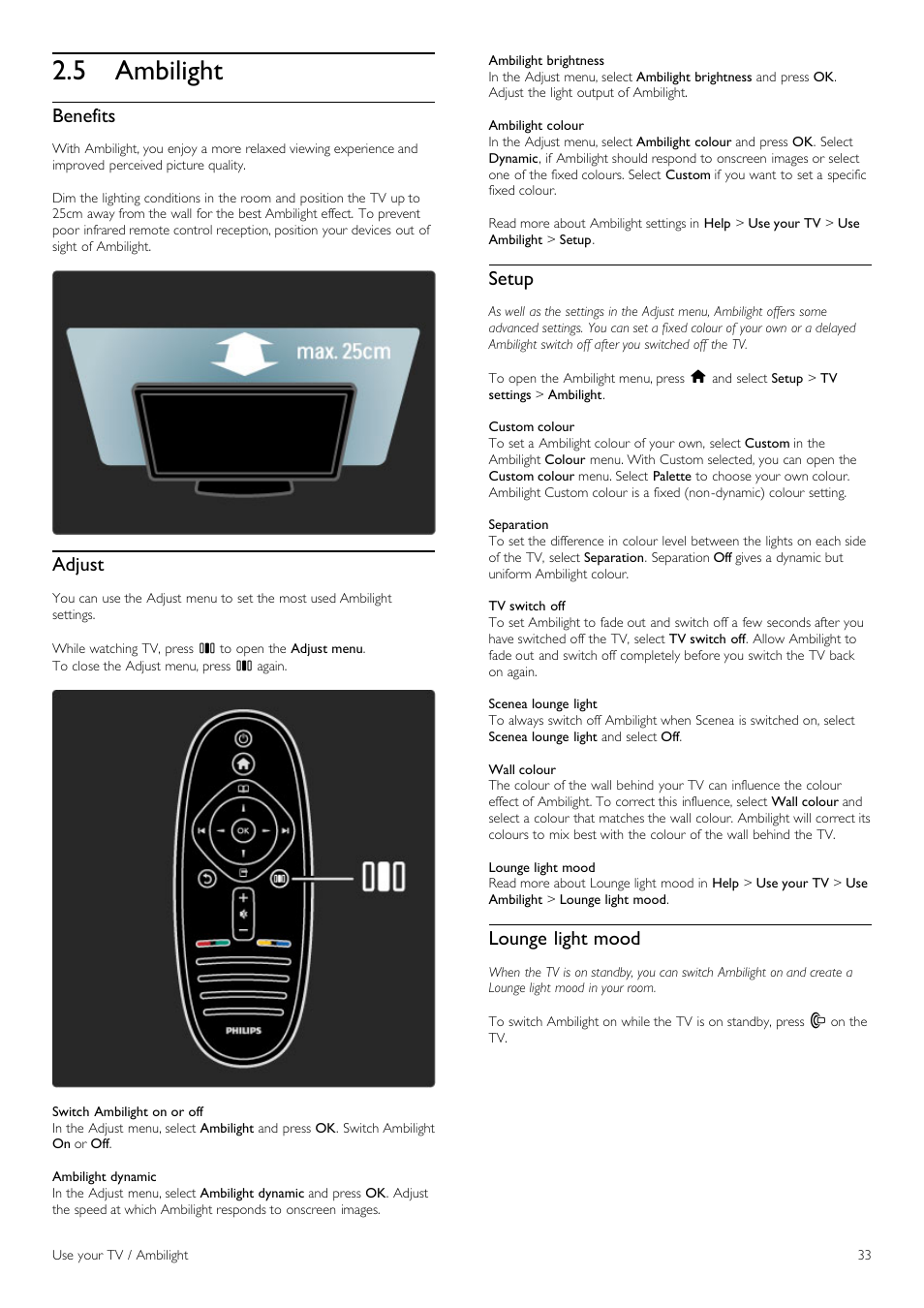 Ambilight, 5 ambilight, Benefits | Adjust, Setup, Lounge light mood | Philips 40PFL8605H-12 User Manual | Page 33 / 91