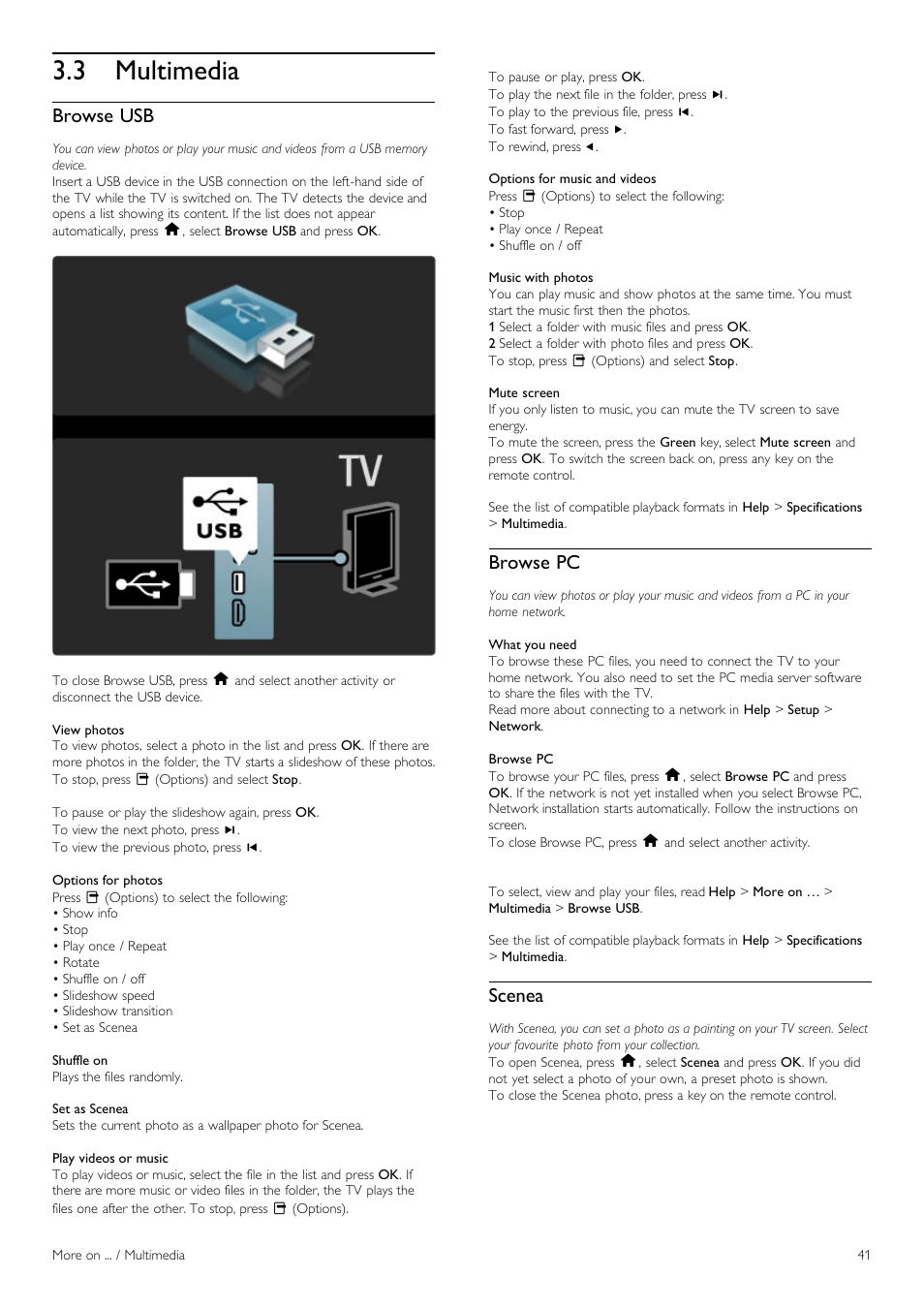 Multimedia, 3 multimedia, Browse usb | Browse pc, Scenea | Philips 40PFL8605H-12 User Manual | Page 41 / 91