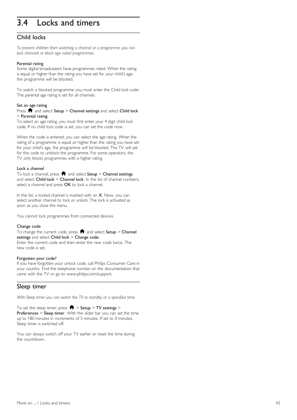 Locks and timers, 4 locks and timers, Child locks | Sleep timer | Philips 40PFL8605H-12 User Manual | Page 43 / 91