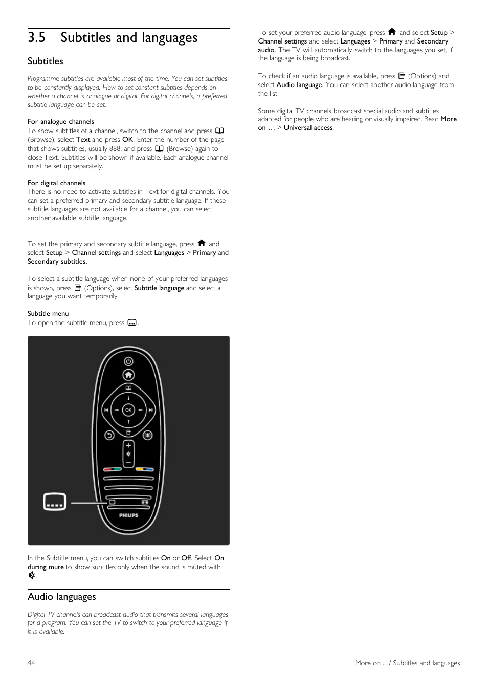 Subtitles and languages, 5 subtitles and languages, Subtitles | Audio languages | Philips 40PFL8605H-12 User Manual | Page 44 / 91