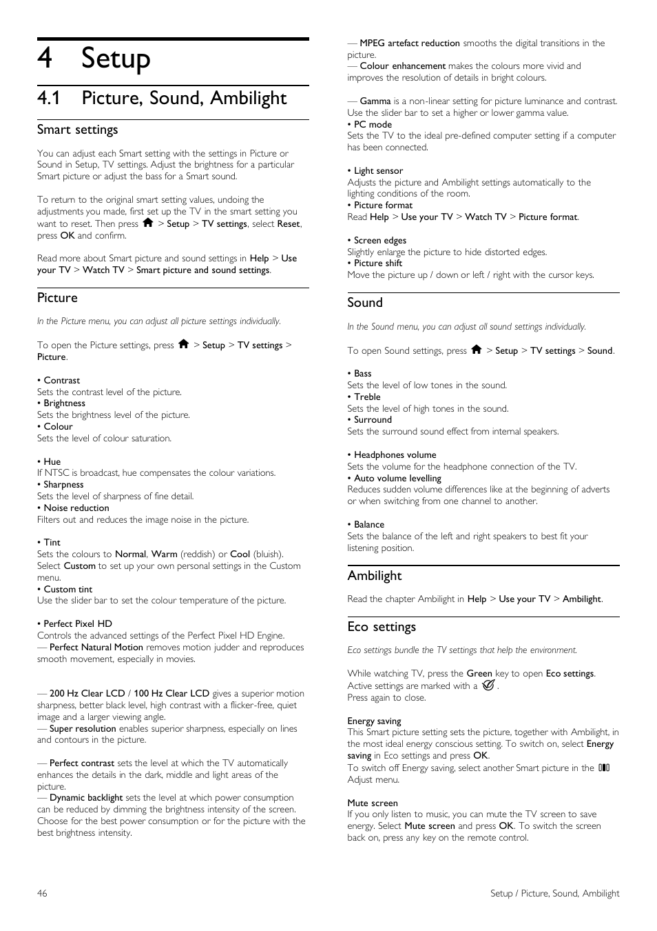 Setup, Picture, sound, ambilight, Smart settings | Picture, Sound, Ambilight, Eco settings | Philips 40PFL8605H-12 User Manual | Page 46 / 91