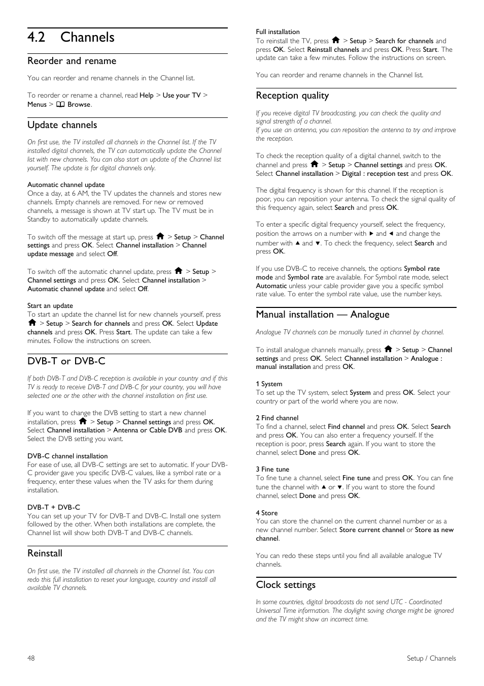 Channels, 2 channels, Reorder and rename | Update channels, Dvb-t or dvb-c, Reinstall, Reception quality, Manual installation — analogue, Clock settings | Philips 40PFL8605H-12 User Manual | Page 48 / 91