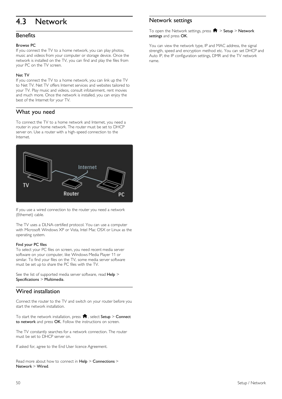 Network, 3 network, Benefits | What you need, Wired installation, Network settings | Philips 40PFL8605H-12 User Manual | Page 50 / 91