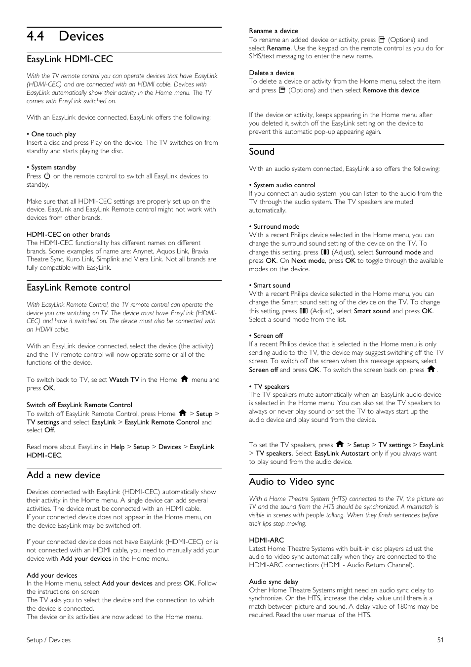 Devices, 4 devices, Easylink hdmi-cec | Easylink remote control, Add a new device, Sound, Audio to video sync | Philips 40PFL8605H-12 User Manual | Page 51 / 91