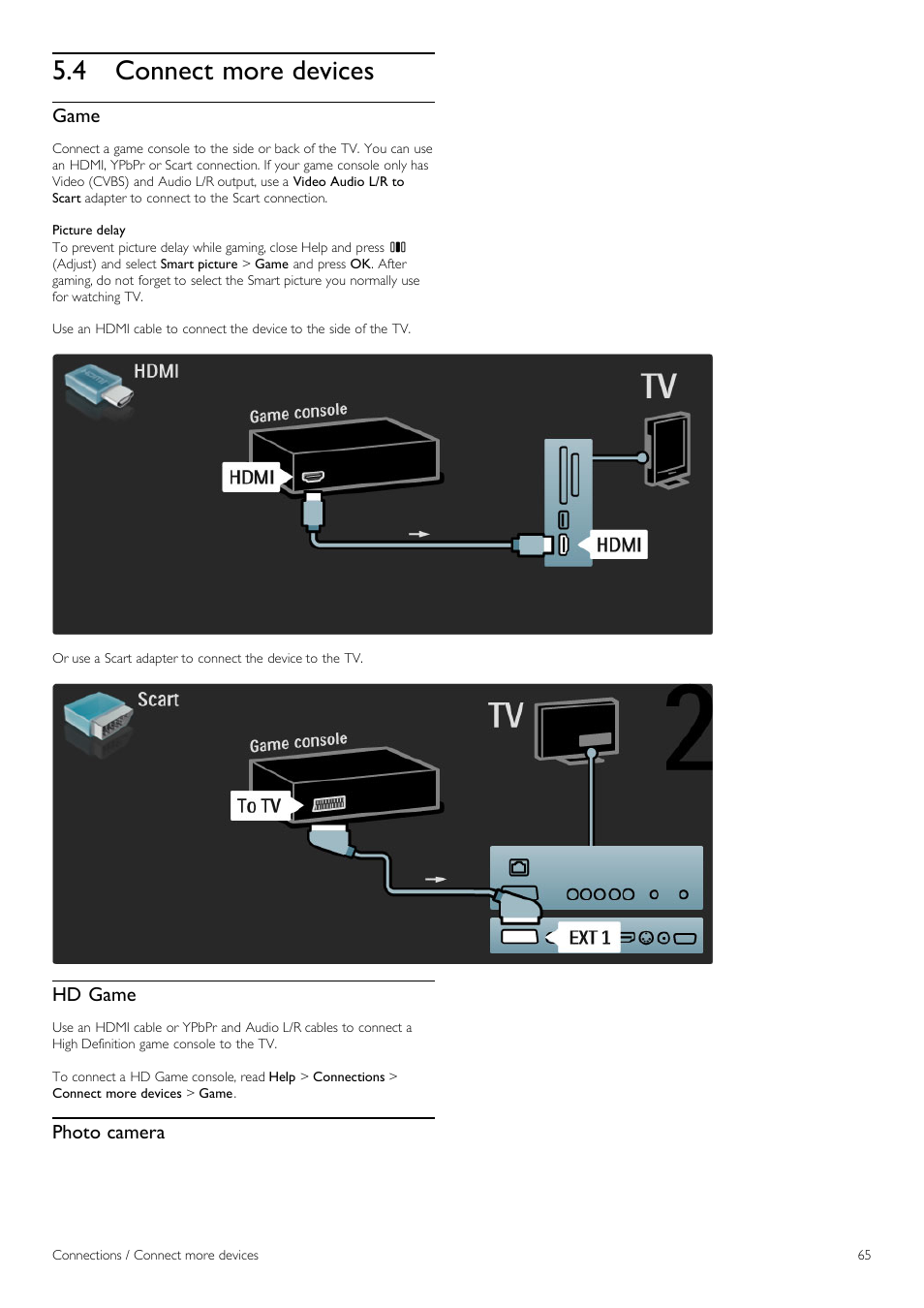 Connect more devices, 4 connect more devices, Game | Hd game, Photo camera | Philips 40PFL8605H-12 User Manual | Page 65 / 91