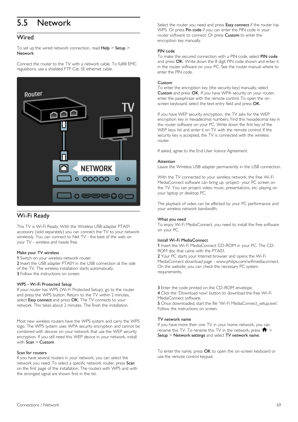 Network, 5 network, Wired | Wi-fi ready | Philips 40PFL8605H-12 User Manual | Page 69 / 91