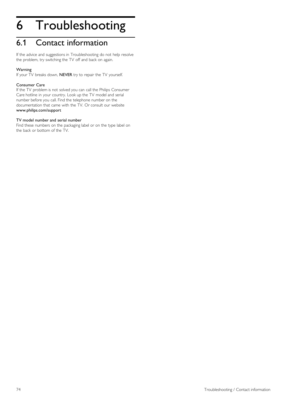 Troubleshooting, Contact information | Philips 40PFL8605H-12 User Manual | Page 74 / 91