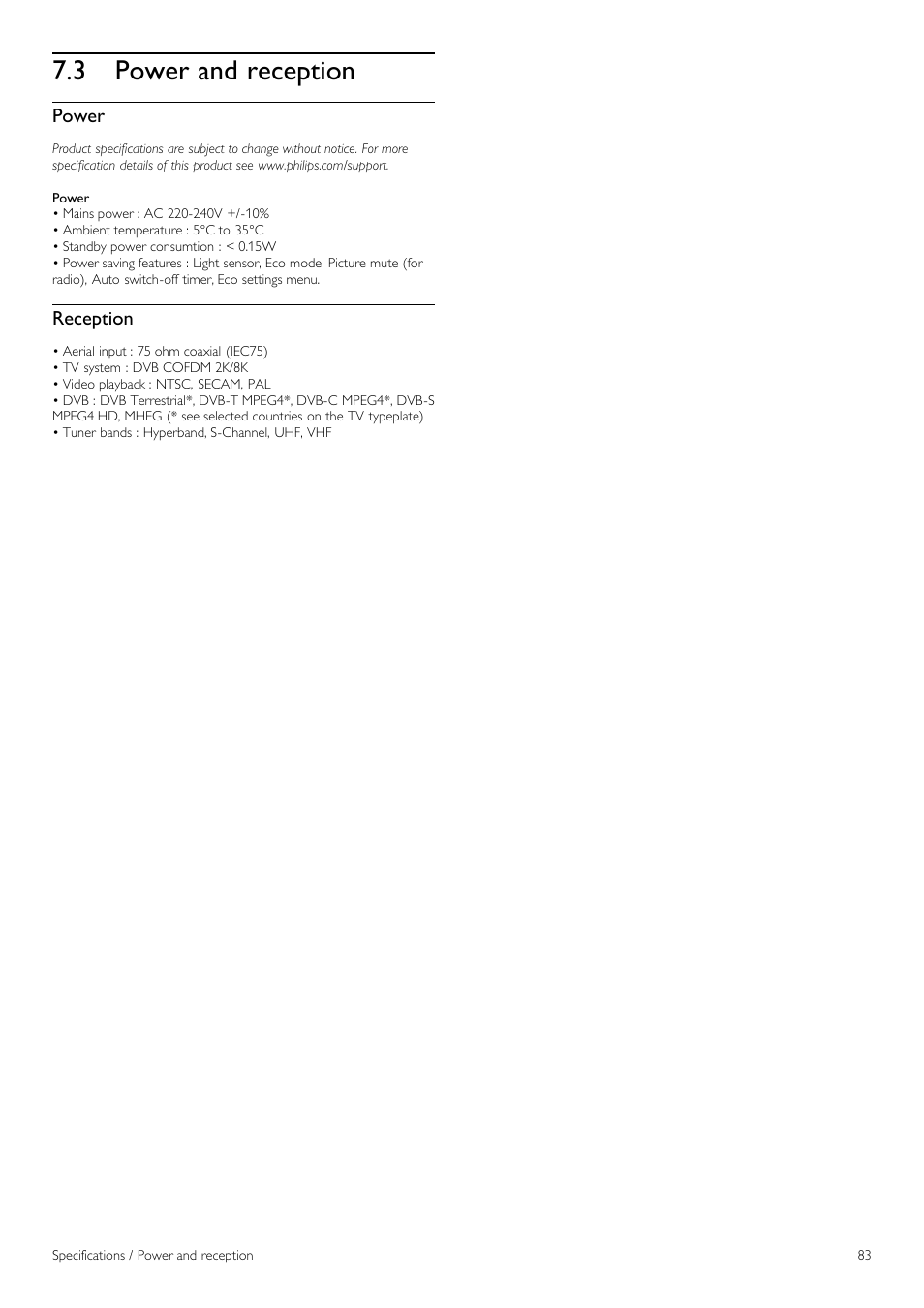 Power and reception, 3 power and reception | Philips 40PFL8605H-12 User Manual | Page 83 / 91