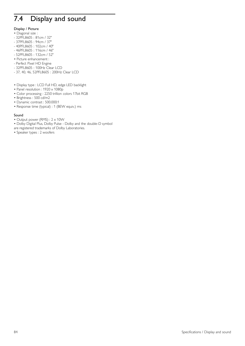 Display and sound, 4 display and sound | Philips 40PFL8605H-12 User Manual | Page 84 / 91