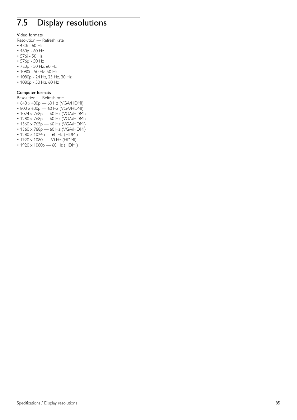 Display resolutions, 5 display resolutions | Philips 40PFL8605H-12 User Manual | Page 85 / 91