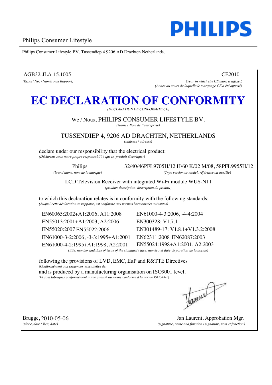 Ec declaration of conformity, Philips consumer lifestyle, Philips consumer lifestyle bv | Philips 40PFL8605H-12 User Manual | Page 90 / 91