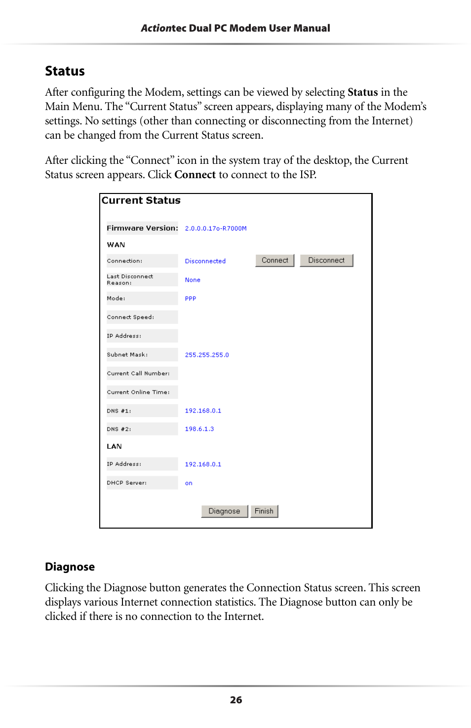 Status | Actiontec electronic Dual PC Modem R7000M User Manual | Page 29 / 81