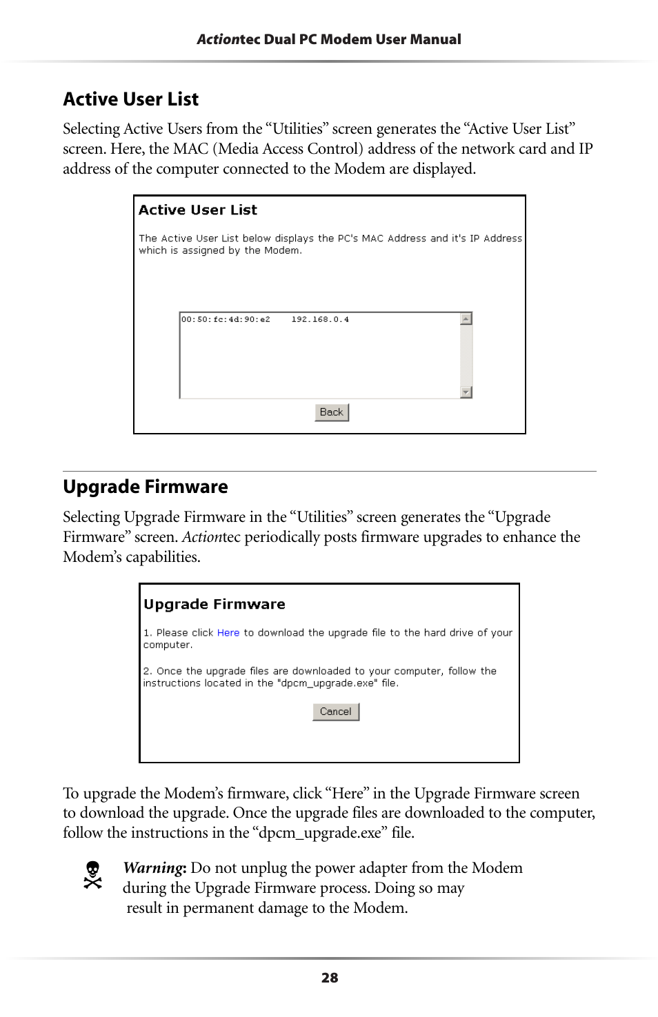 Active user list, Upgrade firmware | Actiontec electronic Dual PC Modem R7000M User Manual | Page 31 / 81