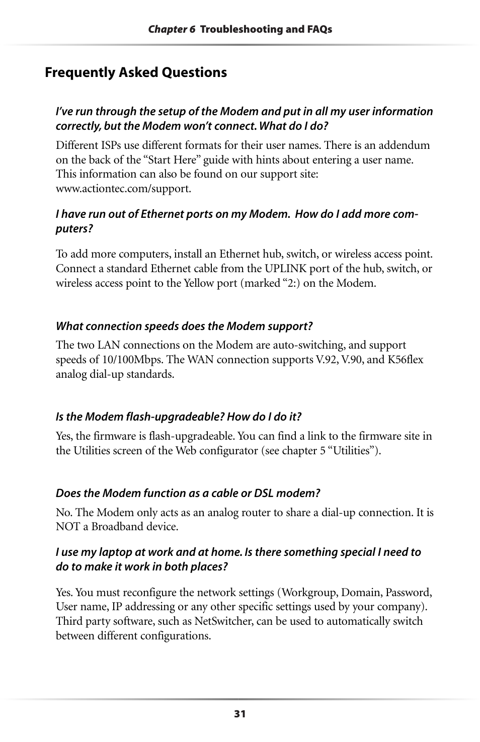 Frequently asked questions | Actiontec electronic Dual PC Modem R7000M User Manual | Page 34 / 81