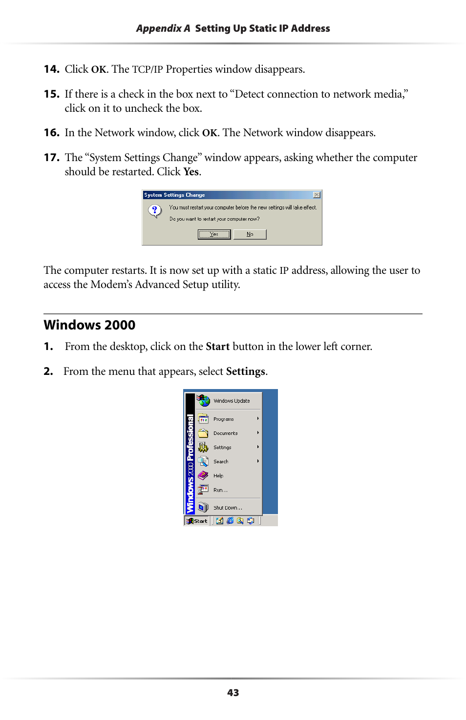 Windows 2000 | Actiontec electronic Dual PC Modem R7000M User Manual | Page 46 / 81