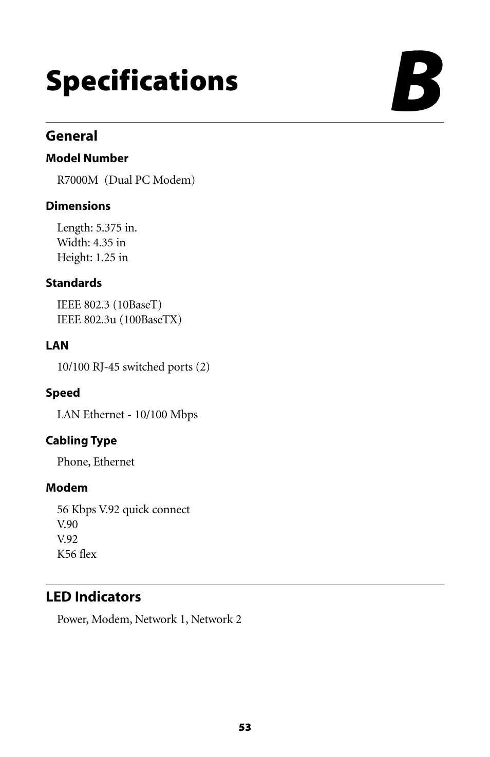 Specifications | Actiontec electronic Dual PC Modem R7000M User Manual | Page 56 / 81