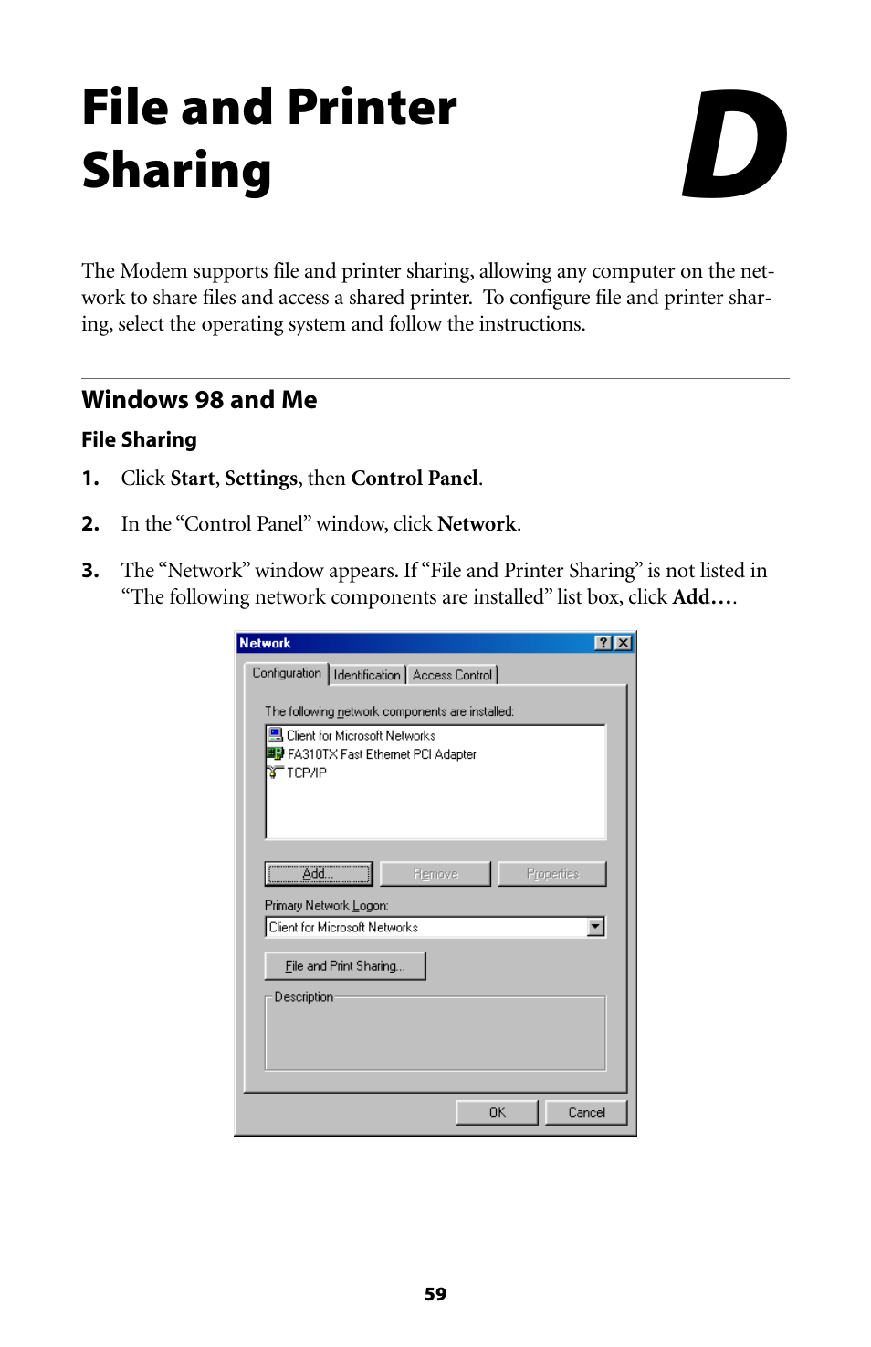 File and printer sharing | Actiontec electronic Dual PC Modem R7000M User Manual | Page 62 / 81
