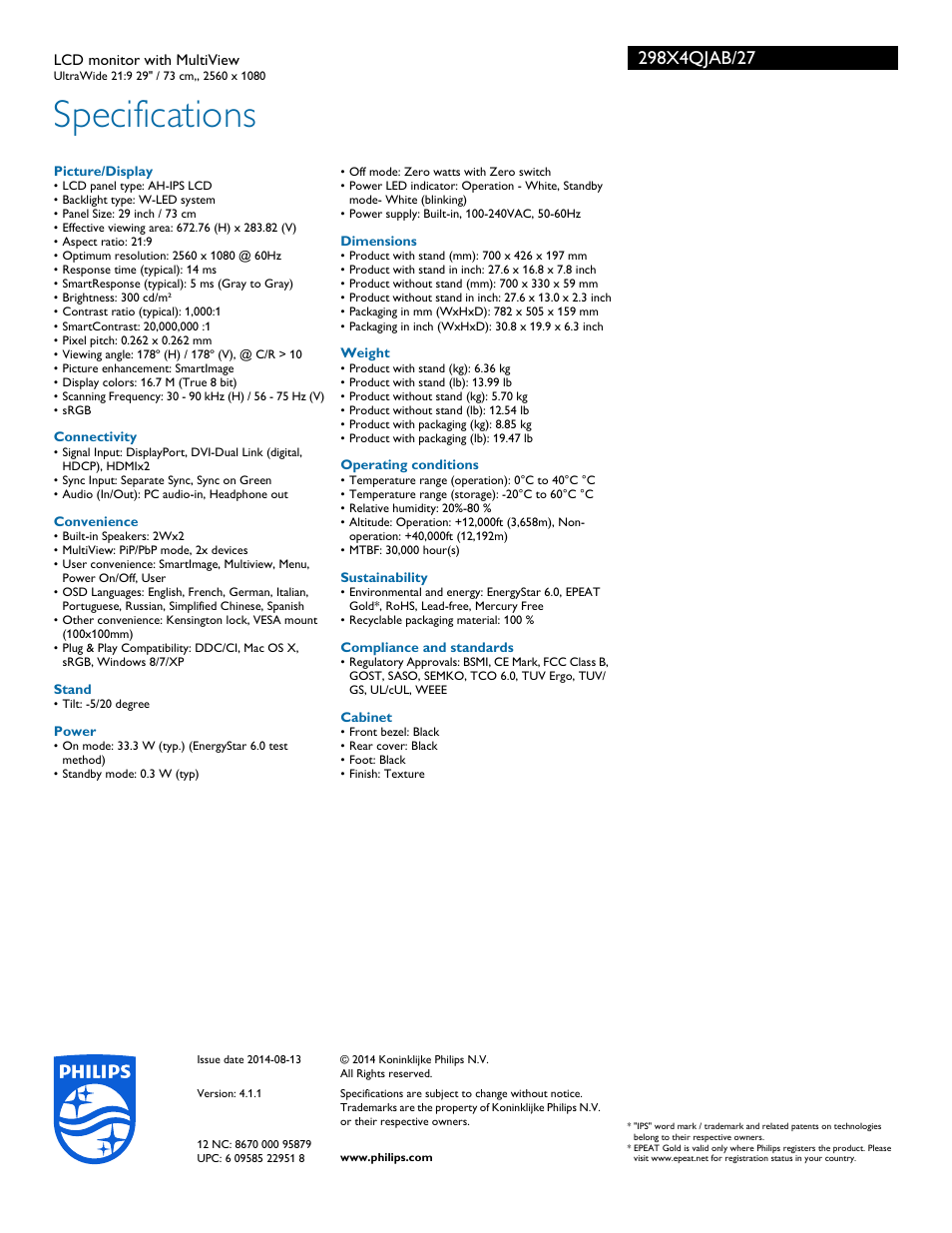 Specifications | Philips 298X4QJAB-27 User Manual | Page 3 / 3