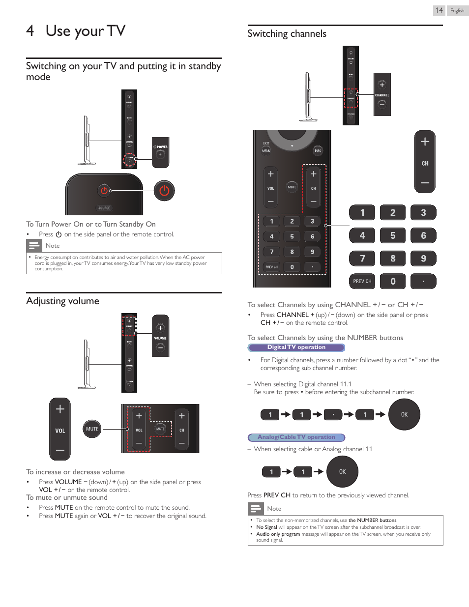 4 use your tv, Adjusting volume, Switching channels | Philips 40PFL4707-F7 User Manual | Page 14 / 38