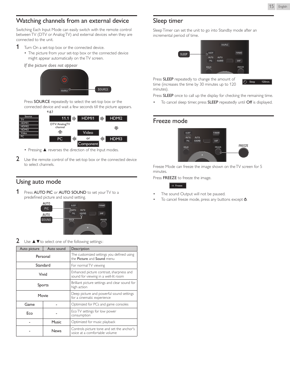 Watching channels from an external device, Using auto mode, Sleep timer | Freeze mode, Using auto mode 1 | Philips 40PFL4707-F7 User Manual | Page 15 / 38